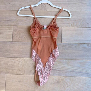 We are Hah Lace Lingerie Bodysuit Orange Pink Small NWT